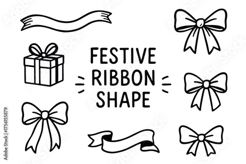 Black outline vector icons of various ribbon shapes and a gift, including bows and banners, for festive and celebration designs.