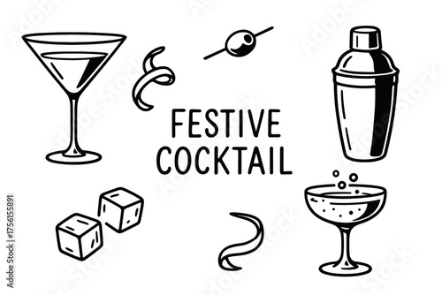 Black and white line art featuring a cocktail shaker, martini glass, coupe glass, olive stick, ribbon garnishes, and ice cubes around the text "festive cocktail.