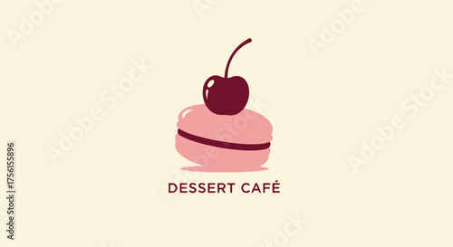 Illustration of a dessert macaron with cherry, "DESSERT CAFÉ" below on a beige background