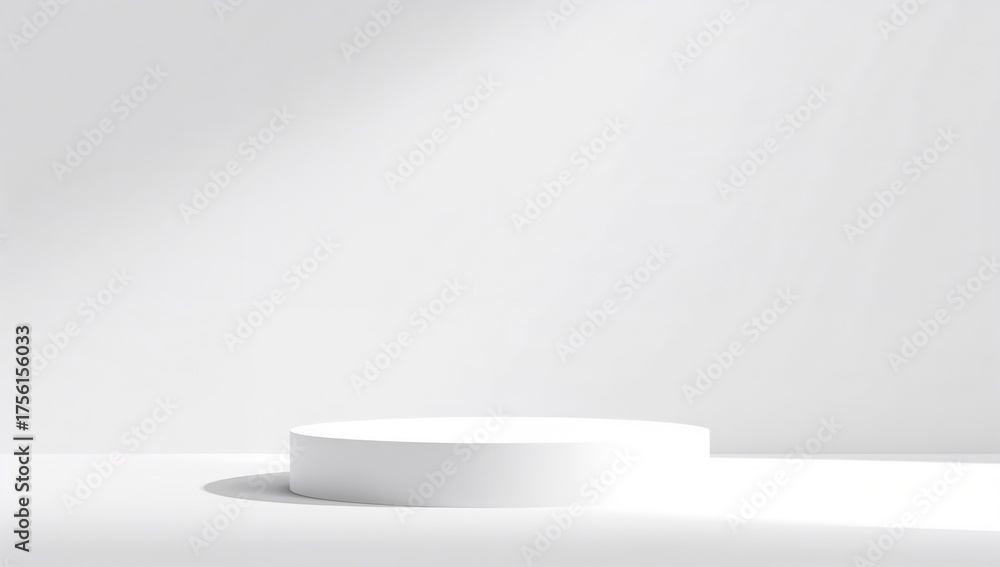 Fototapeta premium Minimalist white platform set against a white backdrop in a studio setting