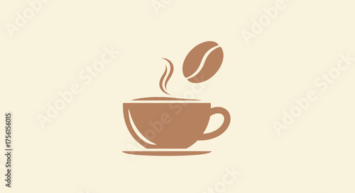 A brown-toned coffee illustration, with a cup, bean, and steam, set against a light background