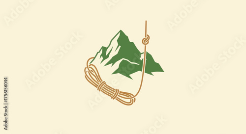 Illustration depicting a green mountain, a knotted rope, and a coiled rope, all on a neutral background