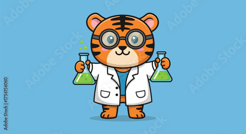 Cute Tiger Scientist Mascot Holding Test Tubes