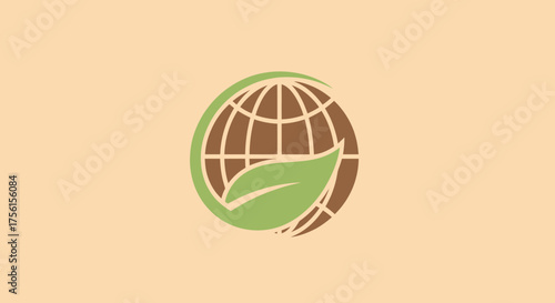 Earth globe graphic encircled with a green crescent, accented with a leaf on a tan backdrop