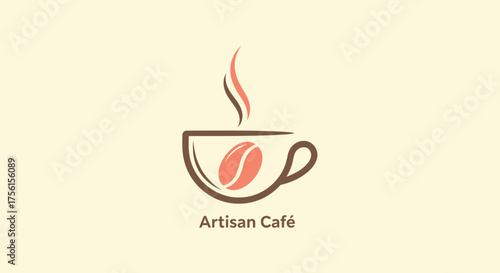 Minimalist coffee cup logo with steam, coffee bean, and "Artisan Café" text on a light background