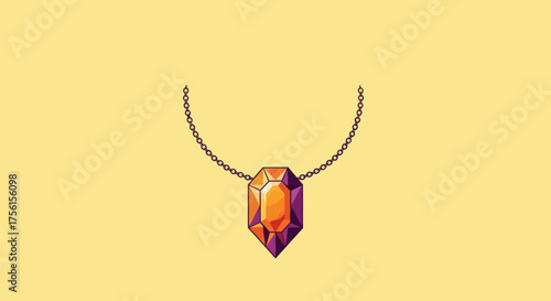 A pixelated pendant necklace, featuring a gemstone pendant with a dark chain on a yellow background