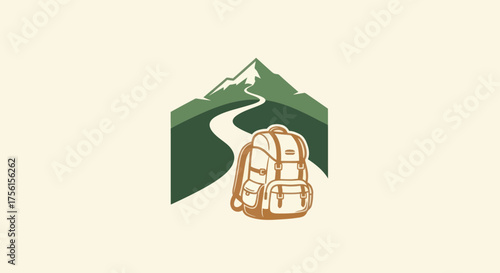 A brown and beige backpack in front of a mountain with a path, outdoorsy and illustrative