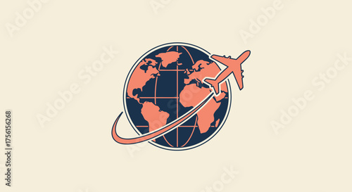 A graphic illustration of a globe with an airplane flying around it on a cream background