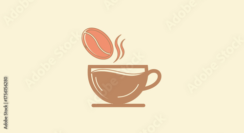 A graphic illustration of coffee, featuring a cup with steam, and a floating bean