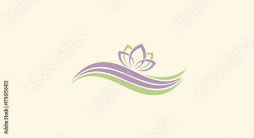 A stylized, floral logo on a cream background, featuring waves and a flower