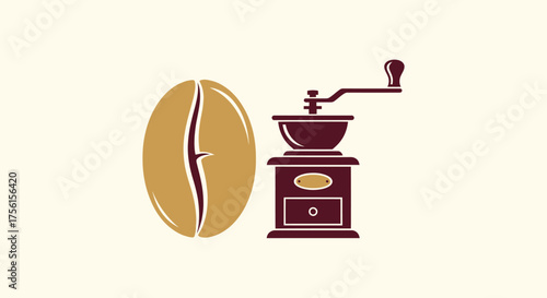 An illustration of a coffee bean and a vintage hand-crank grinder in shades of brown