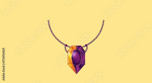 A jeweled pendant necklace hangs on a gold background. The gem is purple and orange