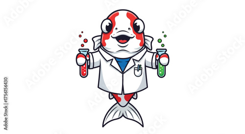 A cartoon koi fish wearing a lab coat and holding test tubes with red and green liquids.