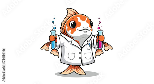 Cute Fish Scientist Mascot Holding Test Tubes