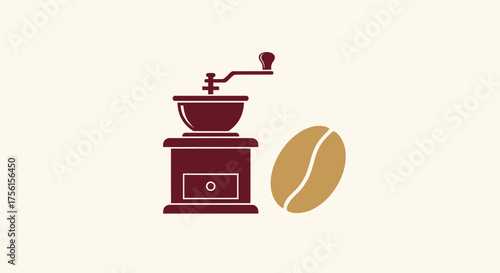 A burgundy coffee grinder with a bean. Simple illustrated design on a neutral background