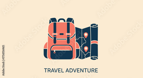 Vector graphic depicting a backpack and rolled map with location pins on a cream background