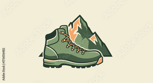 A green hiking boot and mountain graphic on a beige background, simple flat design