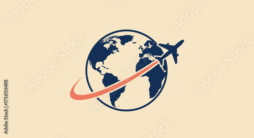 A globe encircled by a line, crossed by an airplane icon.  Background is a light cream color