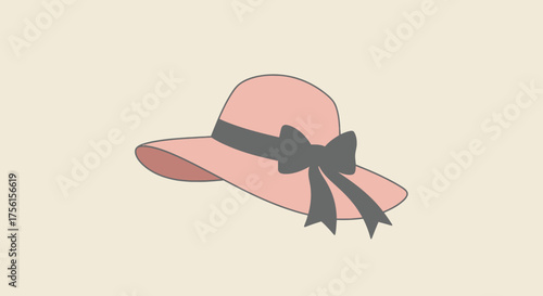 A stylish, pink sun hat with a wide brim and dark gray bow, set against a neutral background