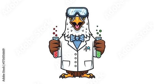 Cartoon illustration of a bald eagle scientist in a lab coat and goggles holding bubbling test tubes.