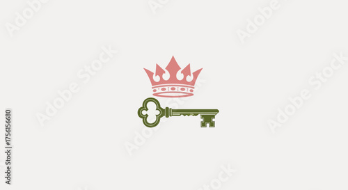 A stylized illustration of a key beneath a crown, in olive and rose tones