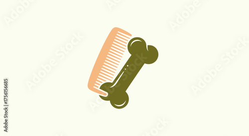A beige comb partially overlaps a green bone on a cream background, a pet-related illustration