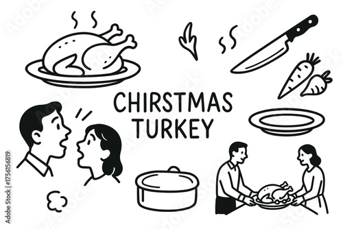 Black and white vector illustration featuring a variety of thanksgiving-themed elements, such as a turkey, vegetables, and a couple engaged in conversation.