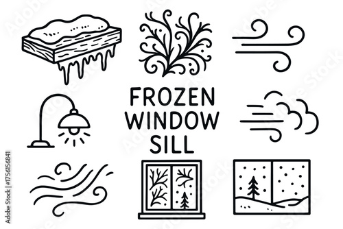Black outline icons depict a frozen window sill with snow, icicles, swirling wind, and decorative elements for a winter theme.