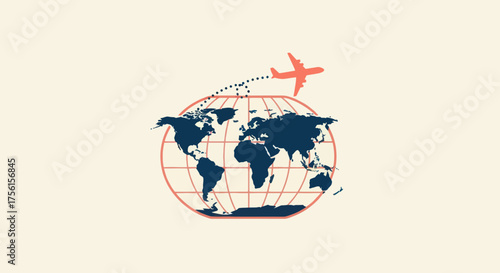 A stylized image of a globe with a red airplane flying, dotted trail above it