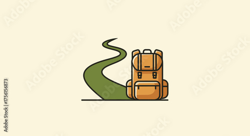 A simple illustration featuring a hiking backpack next to a winding green path