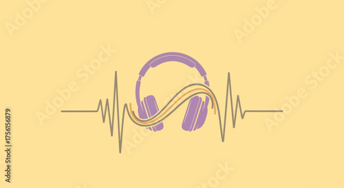 A stylized illustration depicts headphones, soundwaves, and heartbeat lines on a muted yellow background