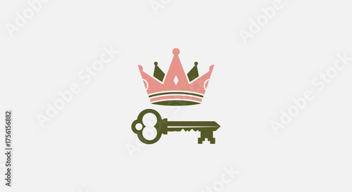 A crown above a key, in muted pink and olive tones, against a light gray background