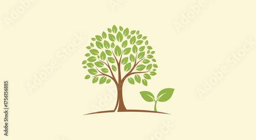 A simplified illustration features a mature tree and a young sprout, symbolizing growth and nature
