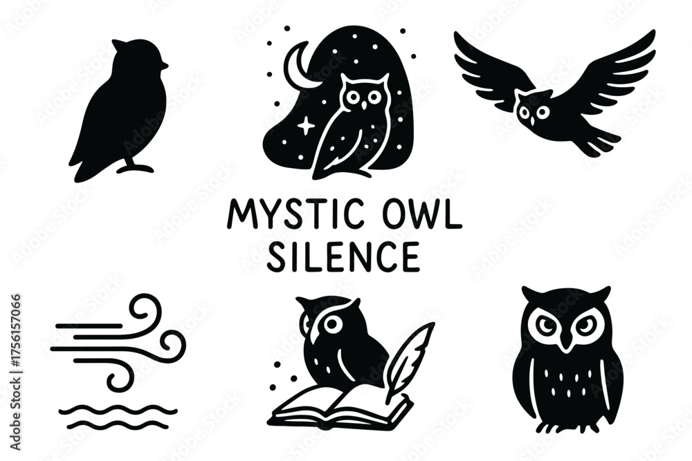 Fototapeta premium Black and white vector icons of owls with various themes including a moonlit owl, flying owl, owl with a book, and abstract breeze symbols.