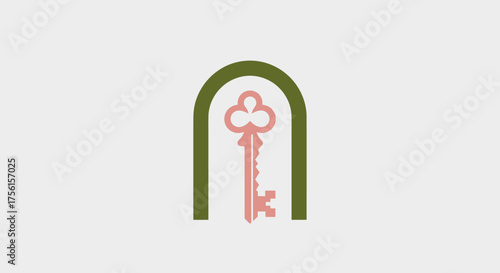 Logo featuring a stylized key inside an arch. Color scheme rose-pink and olive-green on a light grey