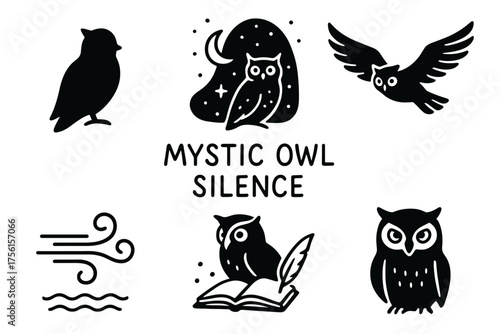Black and white vector icons of owls with various themes including a moonlit owl, flying owl, owl with a book, and abstract breeze symbols.