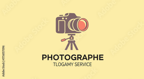 A camera icon on a tripod with the word "PHOTOGRAPHE" and service tagline on a light yellow background