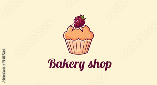 A bakery shop logo features a cupcake topped with a raspberry on a light-cream background