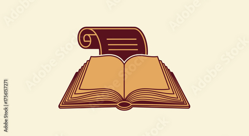 A stylized illustration shows an open book beneath a rolled scroll, both in earthy tones
