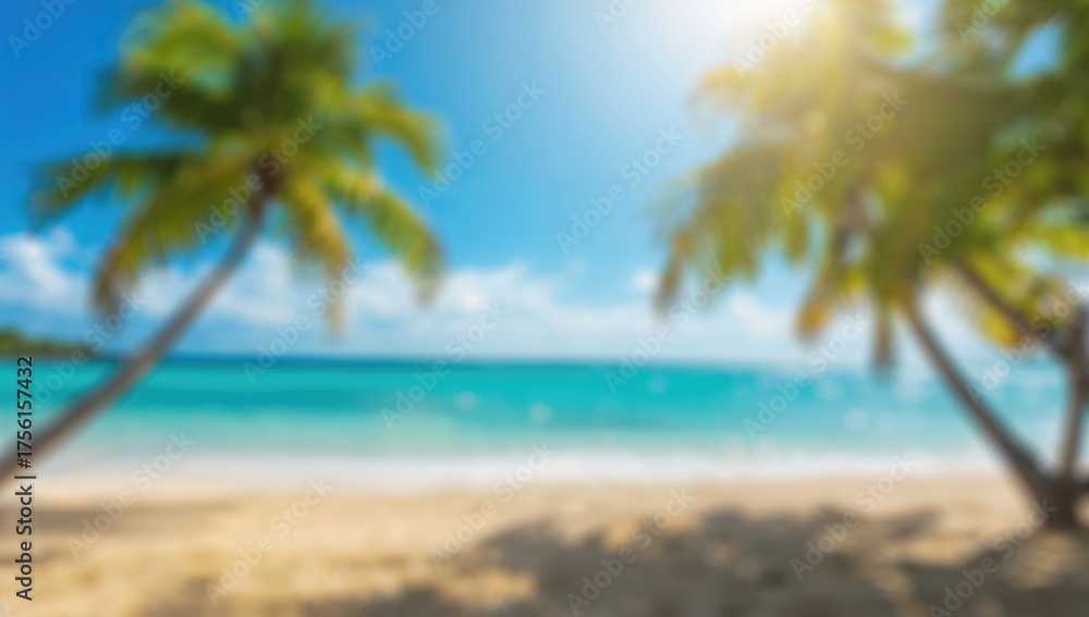 Obraz premium Blurred bokeh lights over a bright ocean and sky, evoking a tropical summer holiday vibe