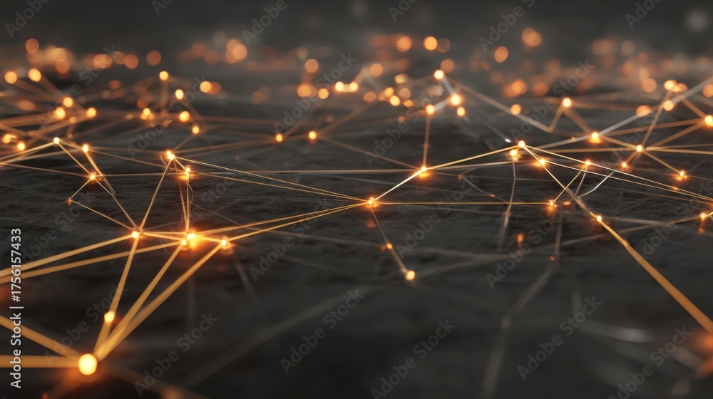 Obraz premium Abstract visual representation of interconnected glowing lines and nodes on a dark background, depicting digital networks and technology concepts in motion