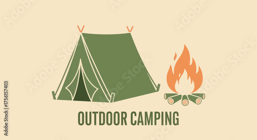 A green tent and campfire illustration on a cream background, with the words "OUTDOOR CAMPING.