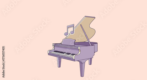 A lavender grand piano with a beige lid and musical notes floats on a light peach background