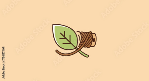 A green leaf intertwines with a brown twine roll, set against a light-tan background