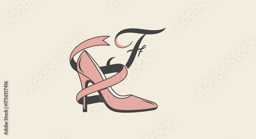A stylized logo features a high-heeled shoe entwined with a ribbon and letter "F" on a cream backdrop
