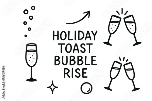 Black outline drawing of champagne flutes with bubbles and celebratory elements, symbolizing a festive holiday toast.