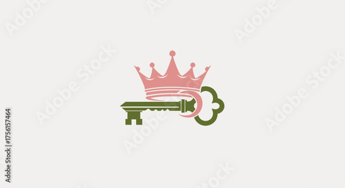 A pink and green key with a crown on a cream background