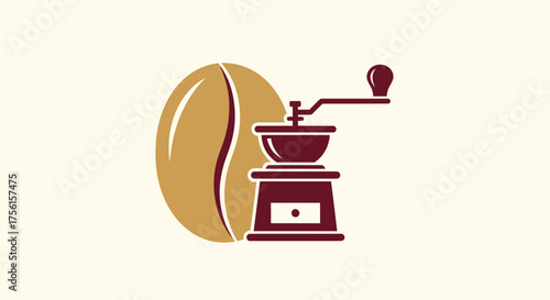 Illustration of a coffee bean beside a manual grinder, in brown and burgundy