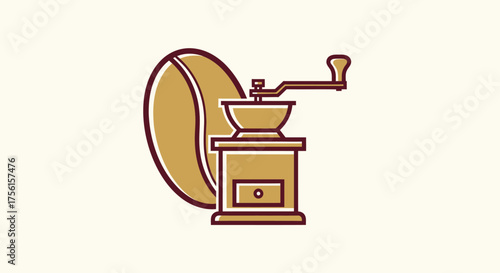 A flat illustration of a coffee bean next to a hand grinder in a simple, outlined style
