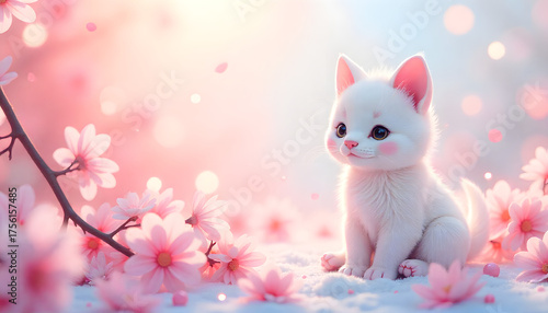 Whimsical Kitten in Blossom: An adorable kitten sits amidst a blooming wonderland, embraced by soft pink petals, capturing the gentle magic of spring, evoking warmth and serenity.